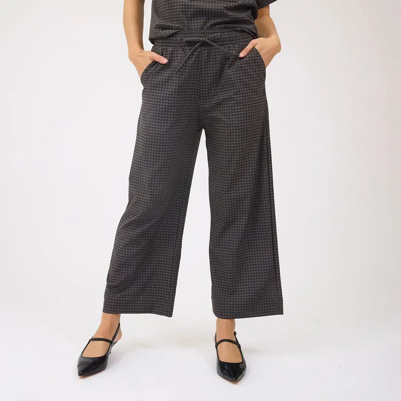 Audrey Wide-Leg Mid-Rise Pants in Olive Gingham