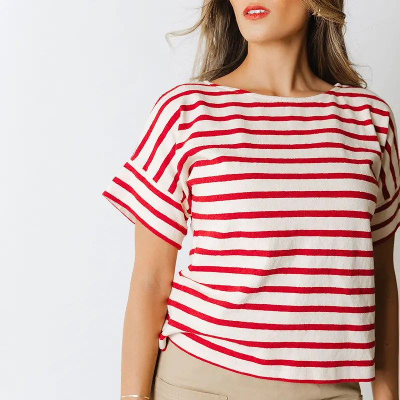 Boss Graphic Tee – Crimson and White Striped Design