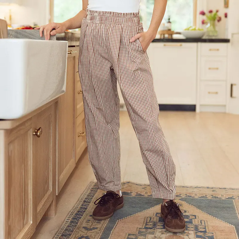 Brown Gingham Balloon-Leg Pants