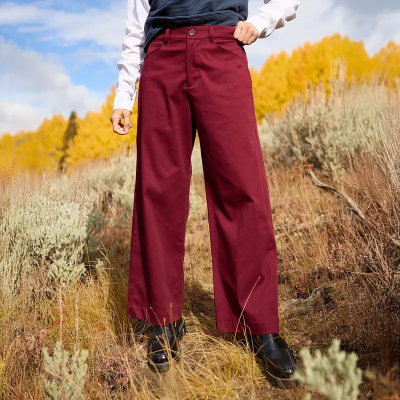 Burgundy Button-Front Straight-Leg Trouser
