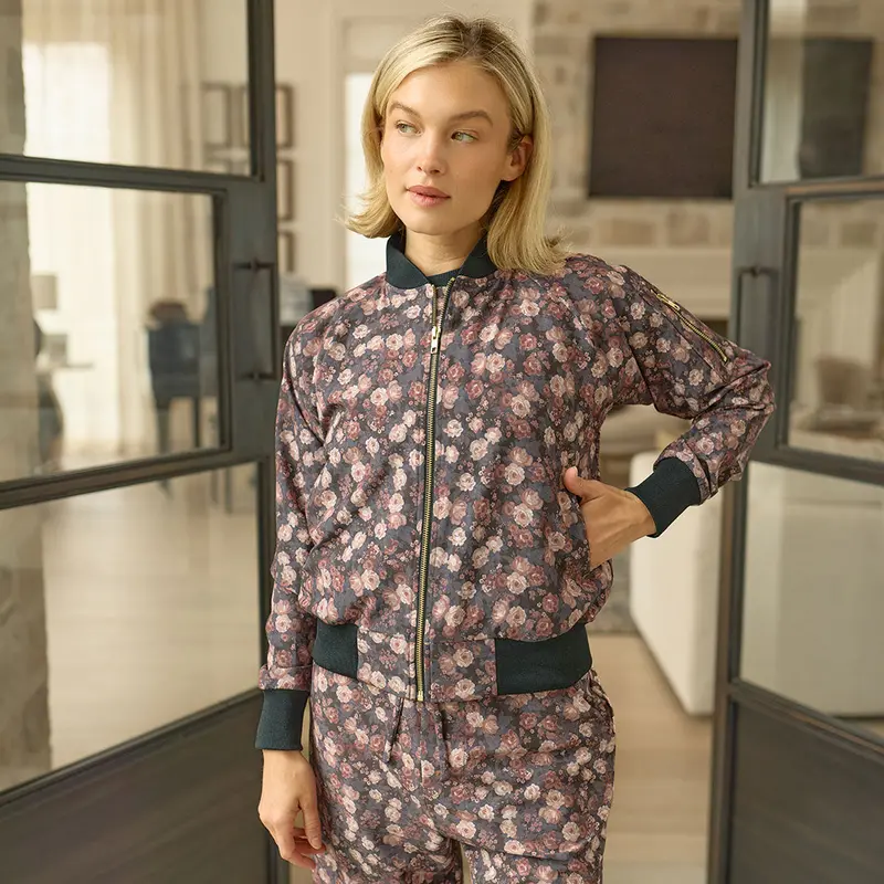 Walnut Micro-Floral Lightweight Bomber Jacket